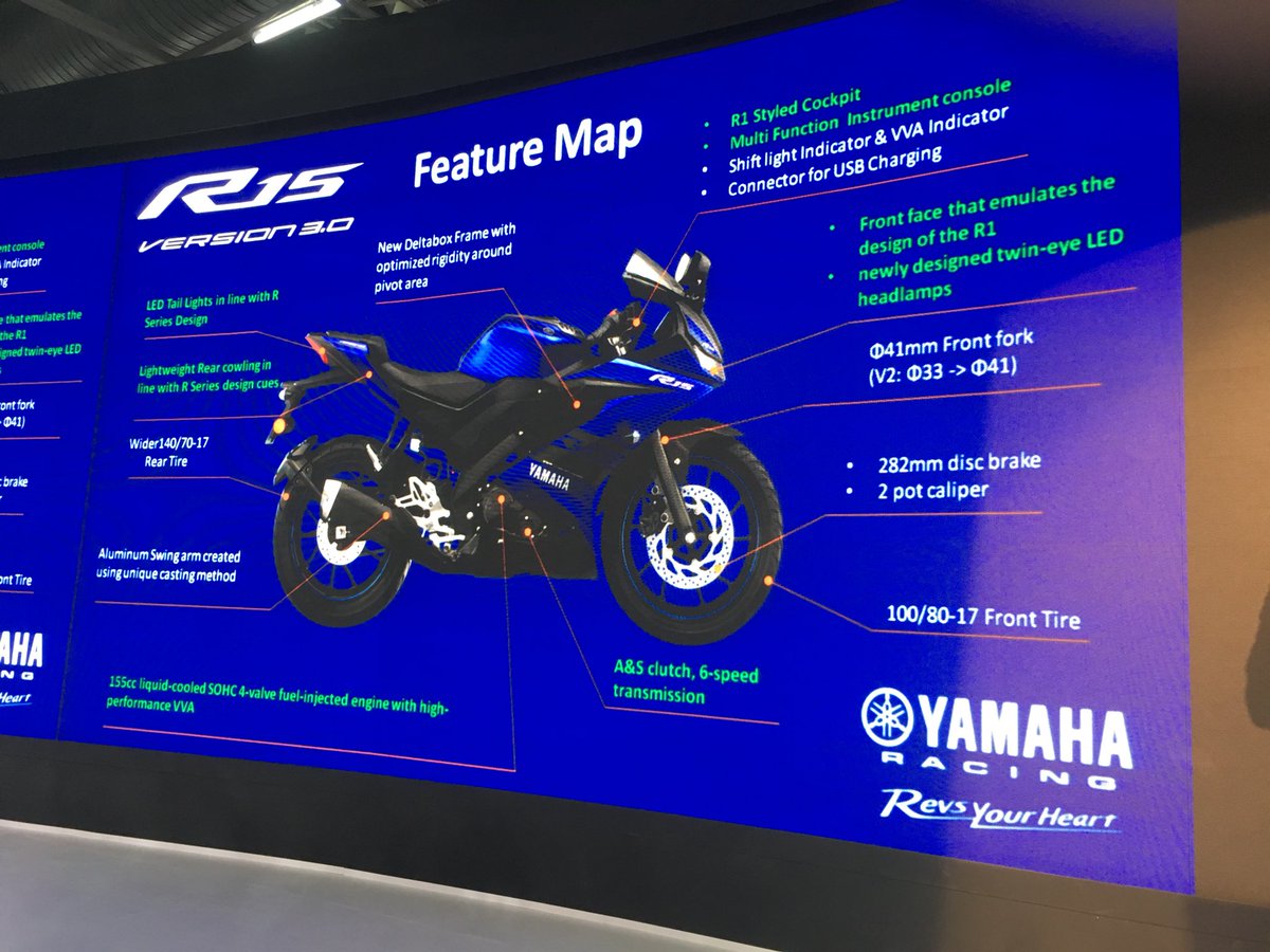 odmag's tweet photo. @India_Yamaha reveals some detailed specs of the #YamahaR15V3 #AutoExpo2018 #ODatAutoExpo https://t.co/WNBgafNkaP