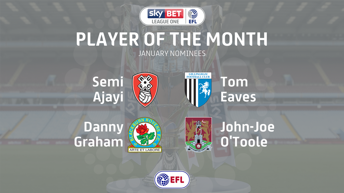The <a href="/SkyBetLeagueOne/">Sky Bet League One</a> Player of the Month nominees for January: 

<a href="/SemiAjayi/">Semi Ajayi</a> - <a href="/OfficialRUFC/">Rotherham Miller</a>

@Thomas__Eaves - <a href="/TheGillsFC/">Gillingham FC</a>

Danny Graham - <a href="/Rovers/">Blackburn Rovers</a>

John-Joe O'Toole - <a href="/ntfc/">Northampton Town</a>

🏆 &gt;&gt; po.st/L1JanPotM