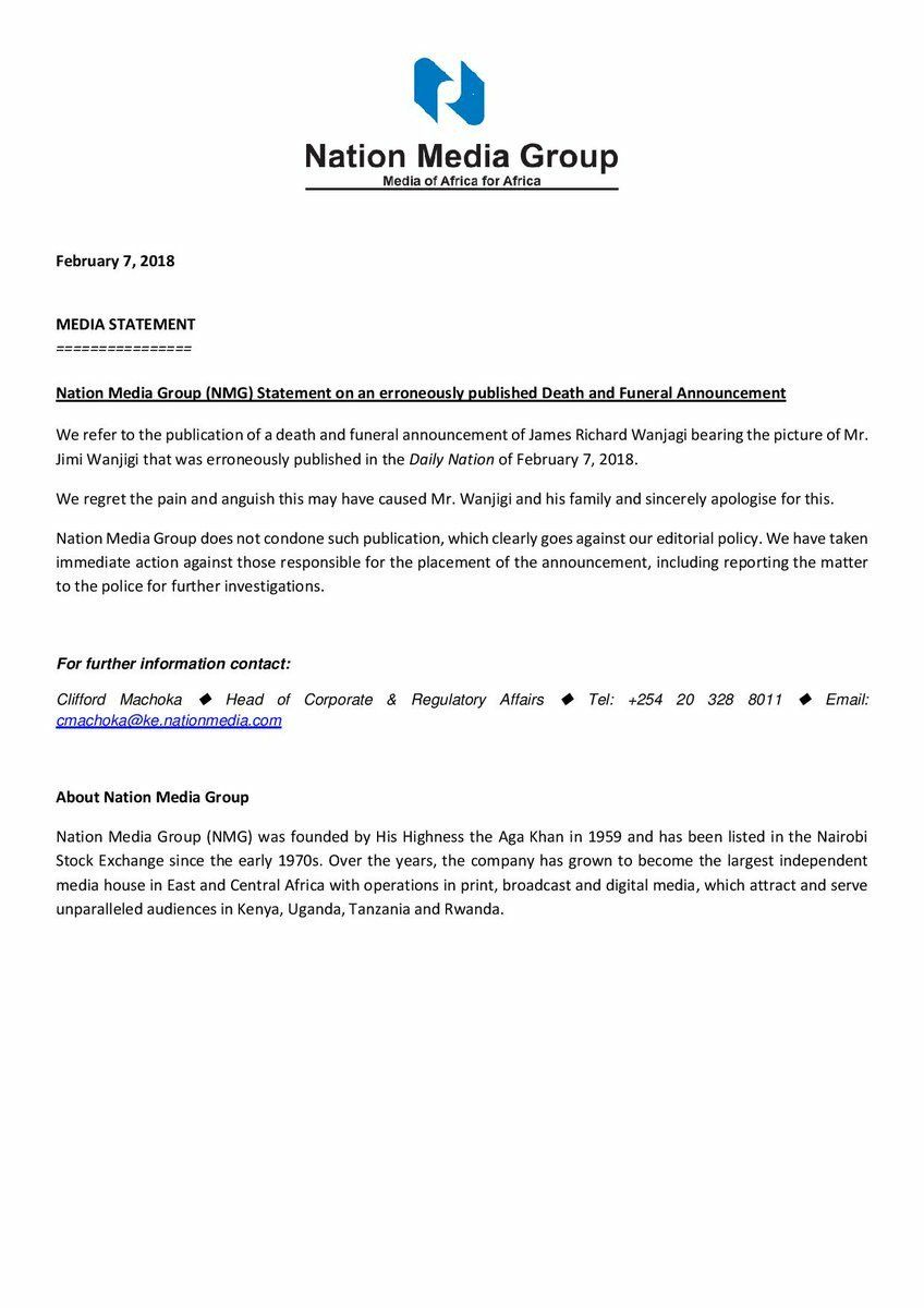 Nation Media Group. This hardly good enough. It needs a full page apology tomorrow &amp; confirmation that those responsible are sacked