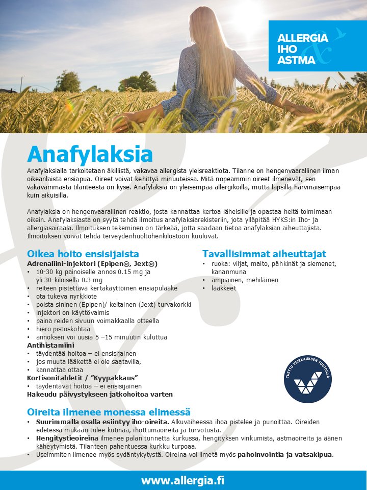 Allergia_astma's tweet photo. #Anafylaksia'lla tarkoitetaan äkillistä, vakavaa allergista yleisreaktiota. Vakavat ruoka-allergiat, pistiäisallergiat ja lääkeaineallergiat ovat tyypillisimpiä anafylaksian aiheuttajia. Koska oireet kehittyvät nopeasti, oikea ja nopea toiminta on ensisijaisen tärkeää! https://t.co/wRVvROcTtA