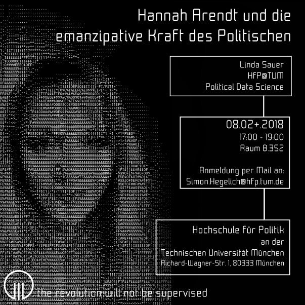 SimonHegelich's tweet image. Sold out! Für das #PoliticalDataScience Kolloquium morgen mit Linda Sauers Vortrag zu Hannah Arendt sind leider keine Plätze mehr frei.😮👩‍🎓
#therevolutionwillnotbesupervised