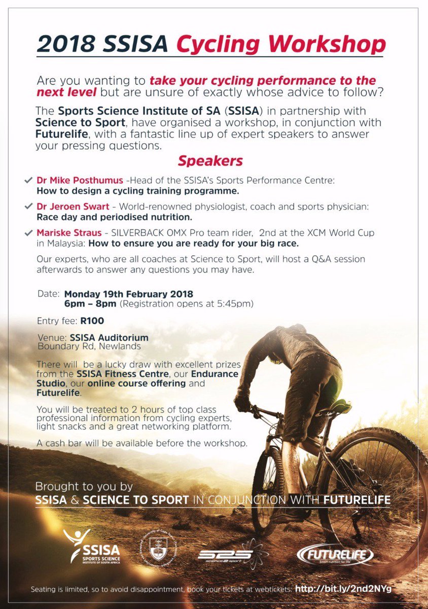 A workshop not to be missed! Take your cycling to the next level. 

<a href="/Sportscience_sa/">SSISA</a> <a href="/science2sport/">Science to Sport</a> <a href="/MikePosthumus/">Michael Posthumus</a> <a href="/JeroenSwart/">Jeroen Swart</a> @StraussMariske