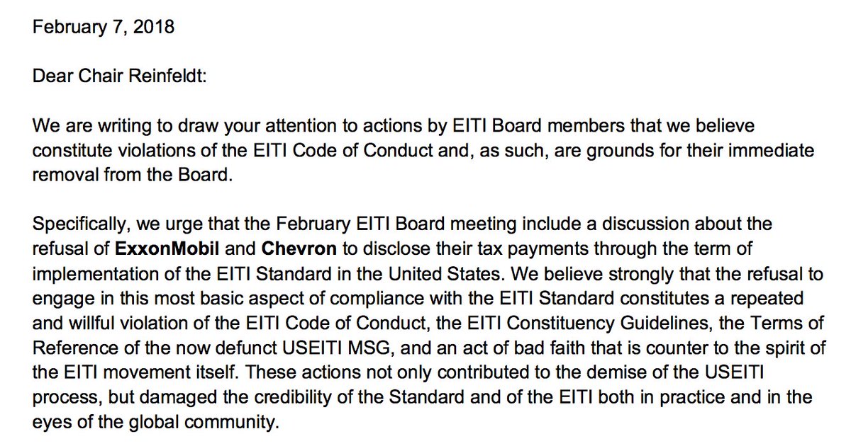 US CSOs ask @EITIorg Board to remove @Chevron and @ExxonMobil from the Board for violating EITI Code of Conduct. Read full complaint here: bit.ly/EITIbrd