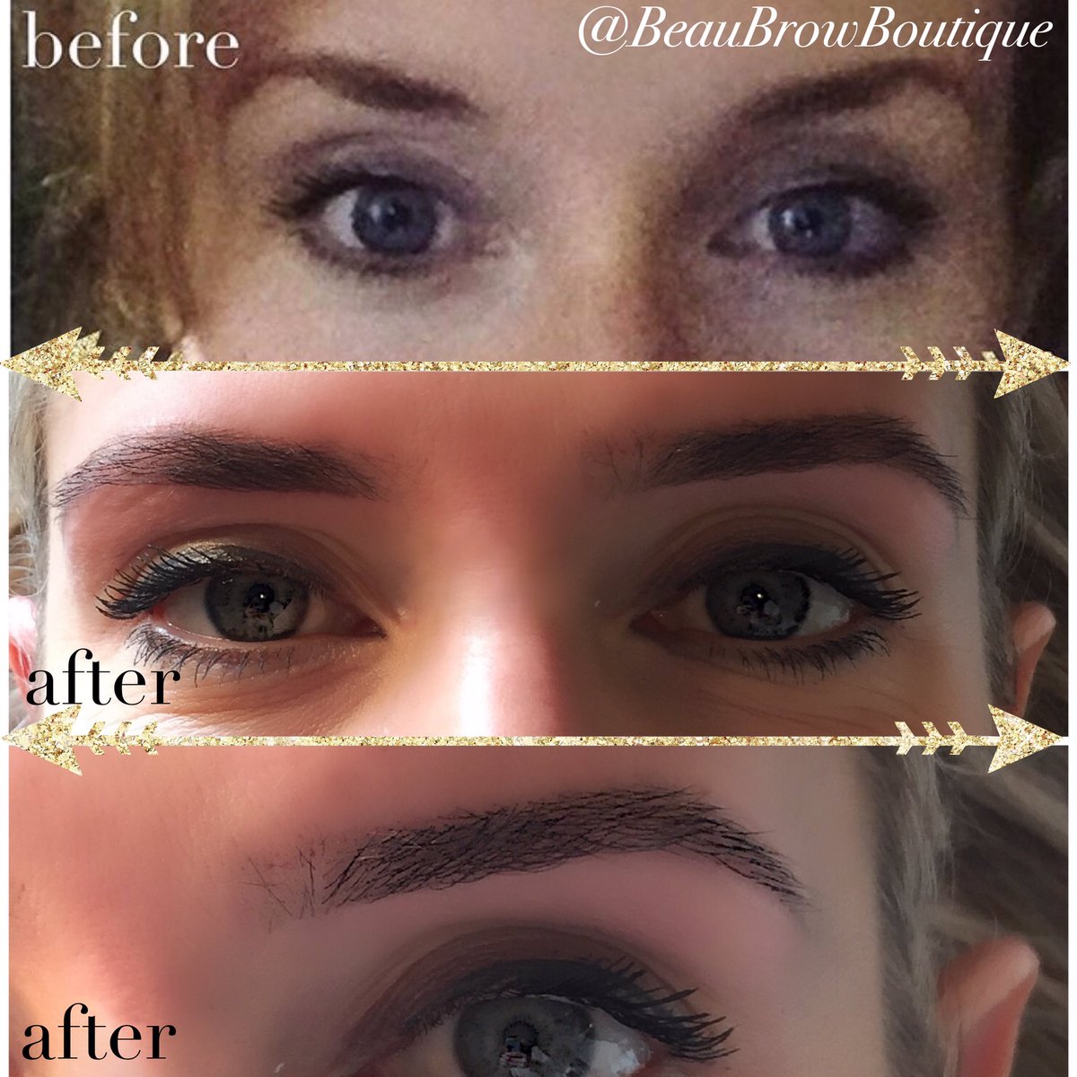 BeauBrowsWorcs's tweet photo. Absolutely AMAZING transformation. Top photo pre 1st treatment (makeup on brows), bottom 2 are brows now! Natural, thicker, soft arch (no more tadpole!), proportioned correctly 💛👸🏼 #hdbrowsworcester #hdbrows #worcestershire #wednesday #humpday #brows #browsonfleek #browstylist https://t.co/zNn6Hx6VIG