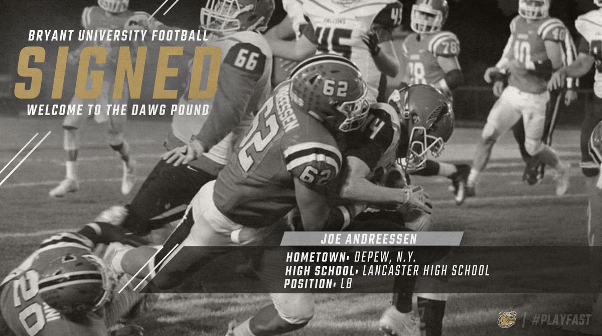Our first signing this morning is in! 

We welcome Joe Andreessen from Depew, N.Y. 

Joe was a two-time All-State linebacker at Lancaster High School!

#PlayFAST