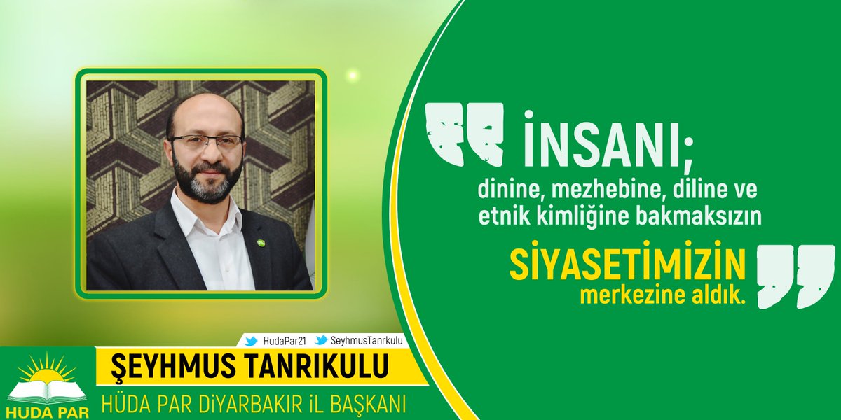 İl Başkanımız Sayın <a href="/SeyhmusTanrkulu/">Şeyhmus Tanrıkulu</a>, "İnsanı; dinine, mezhebine, diline ve etnik kimliğine bakmaksızın siyasetimizin merkezine aldık." dedi.
________________________
#HÜDAPAR
#DürüstSiyasetGerçekAdalet
#ÖnceİnsanÖncelikAdalet
