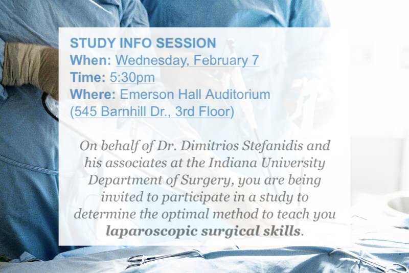 VIDAIUPUI's tweet photo. Interested in surgery? Attend this info session today to learn more about how to be involved in Dr. Stefanidis’s unique study where you can learn laparoscopic surgical skills! https://t.co/YkTrwVsYSp