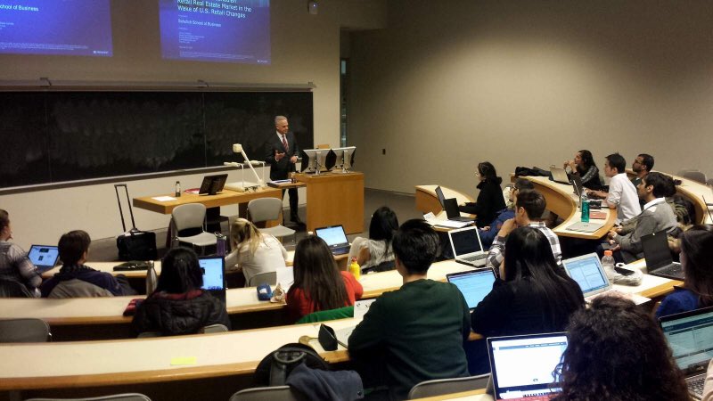 JGCrombie's tweet photo. Guest speaker @SchulichSchool MBA program presenting an update on the Canadian Retail Market and the impact of US store closures and e-commerce. Even with US headwinds, Canadian Retail is pretty resilient &amp; has solid growth opportunities for 2018. @Triovest https://t.co/yGkiPmQ4eC
