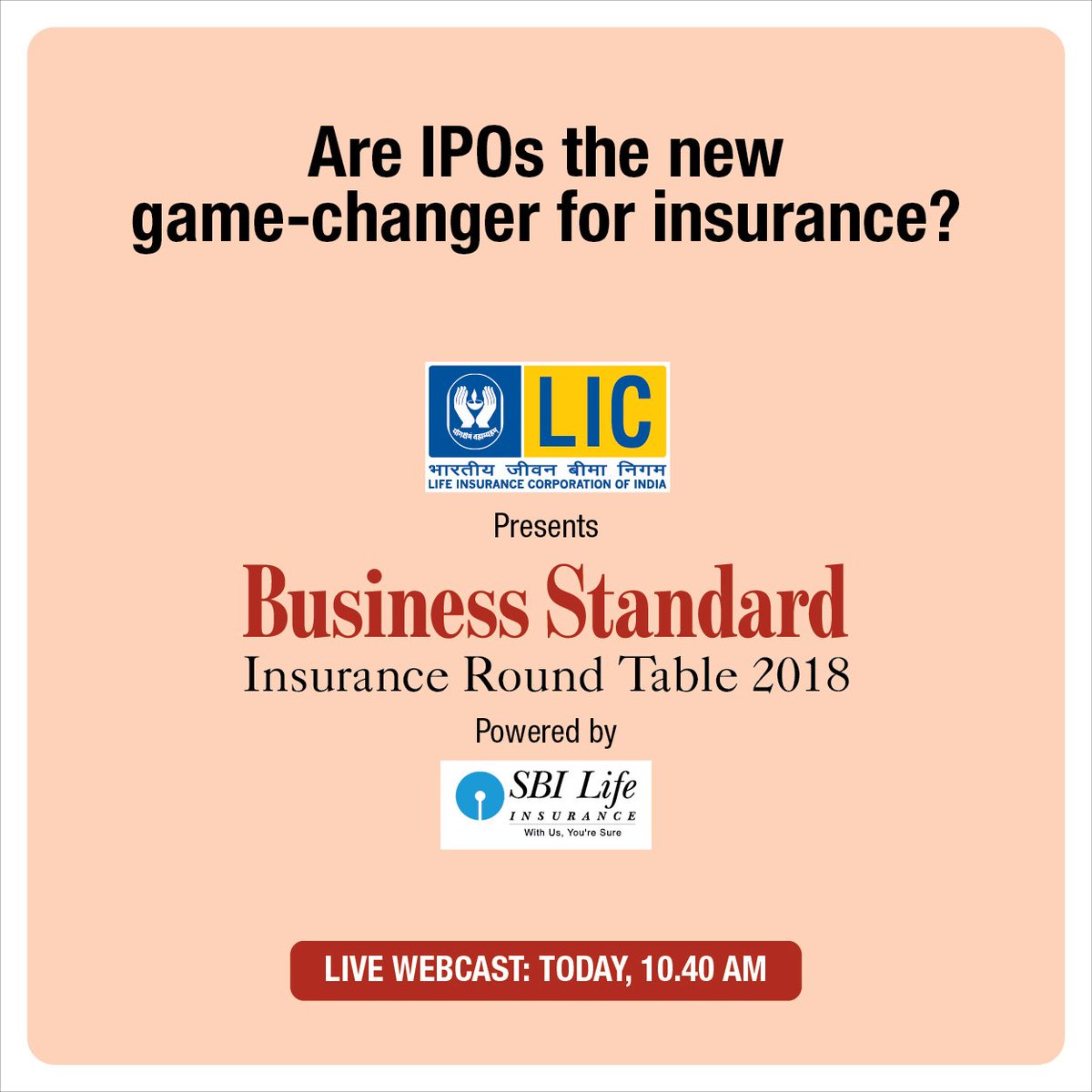bsindia's tweet photo. Watch industry leaders discuss the future of Insurance sector. Visit https://t.co/Zga4MkPp4n for the Live Webcast, today at 10.40am. #BSInsuranceRT @CMD_GICRe @NewIndAssurance @SBILife @religarehealth #HDFCStandardLife #MarshInsurance https://t.co/5FKBGqUFAU