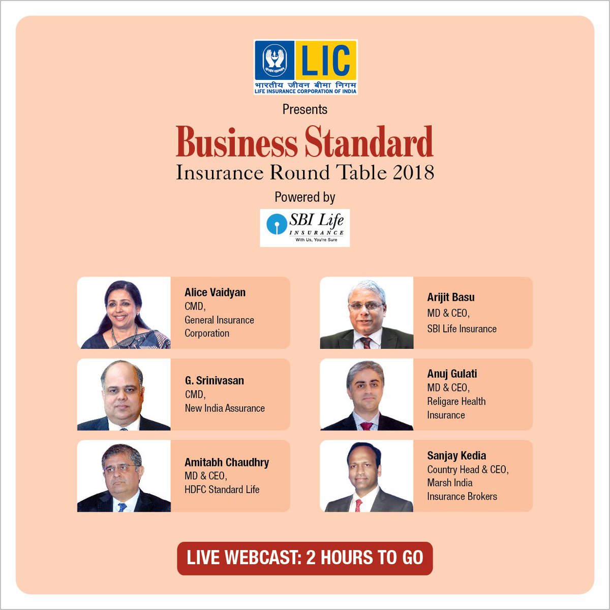 bsindia's tweet photo. 2 Hours to go before industry leaders discuss the future of Insurance sector. Visit https://t.co/Zga4MkPp4n for the Live Webcast. #BSInsuranceRT @CMD_GICRe @NewIndAssurance @SBILife @religarehealth #HDFCStandardLife #MarshInsurance https://t.co/dAxBgpyceO