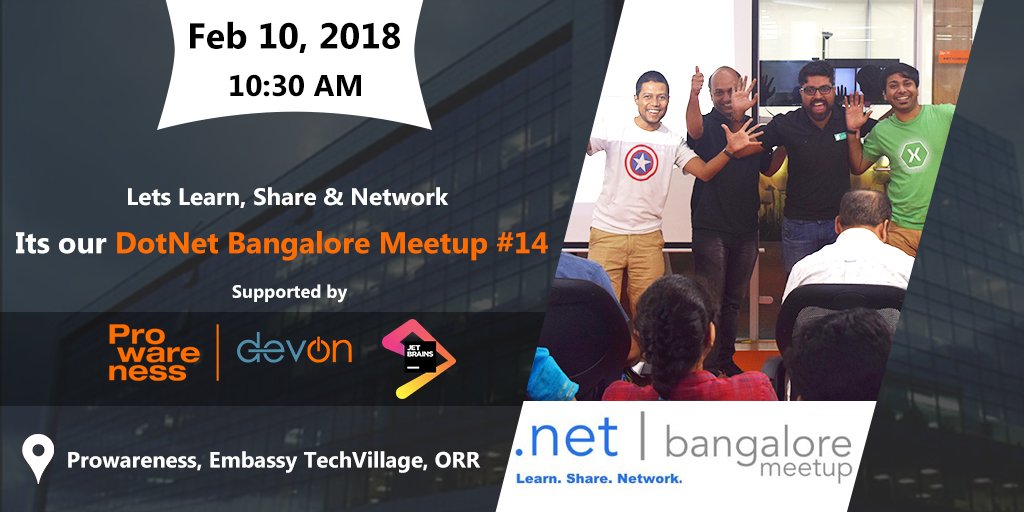 DevOn_India's tweet photo. Meet you all in our DotNet Bangalore 14th meetup on Feb 10, 2018
#DotNetBlr #dontnetblrmeetup #dotnet #devon #serverless #awslambda #networking #prowareness @anandgothe
Follow us : @DevOn_India, https://t.co/eGvg6GSptl, https://t.co/7XBYEhVsuh
RSVP https://t.co/4XXQtcntpo