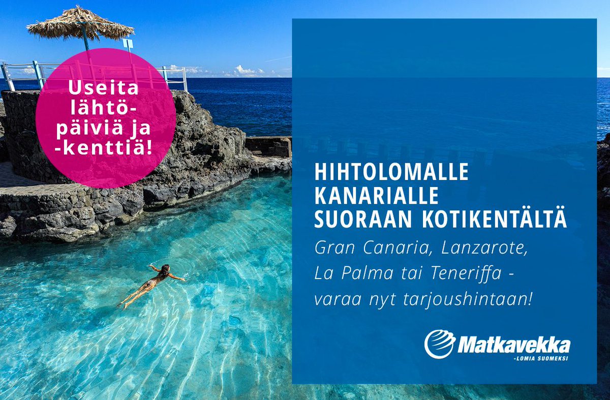 Vielä ehdit Kanarialle koululaisten lomaviikolla! Löydä oma suosikkisaaresi Matkavekan valikoimasta ja varaa koko perheen hiihtoloma suoraan kotikentältäsi. Esimerkiksi 16.2. Helsingistä La Palman saarelle alk. 529 €. Toimi pian, sillä viimeisiä viedään! goo.gl/QHRYCv