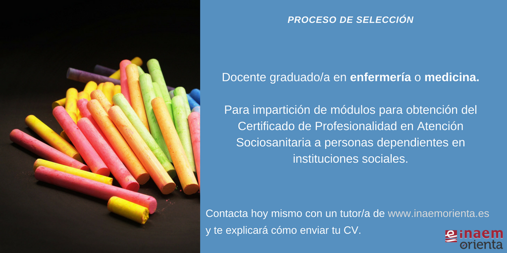 Oferta de #empleo  Docente graduado/a en enfermería o medicina
Módulos para obtención del certificado de profesionalidad en atención sociosanitaria a personas dependientes en instituciones sociales.

Consulta a tu tuor/a de <a href="/Inaemorienta/">INAEM Orienta</a>.  inaemorienta.es