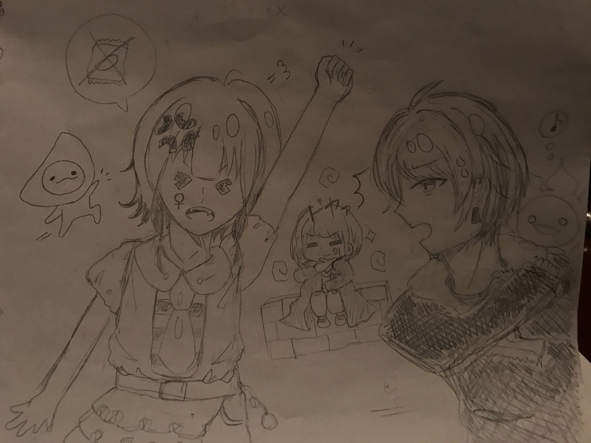 ましゅー 惑星擬人化のイラストでえええす ぷんすか怒ってるのがかわいい金星ちゃん ポテチを抱えてるのが水星 そして 後ろでドヤっているのが木星です そして右はデフォルメ太陽 左はデフォルメ月です イラスト 擬人化 創作企画 創作クラスタ