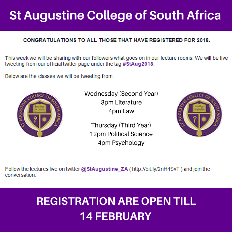 StAugustine_ZA's tweet photo. We are back at it again today from 3pm. Today we will be joining second year Literature and Law classes.
Follow and join the conversation live.
#StAug2018 https://t.co/0rvKm7qzfi