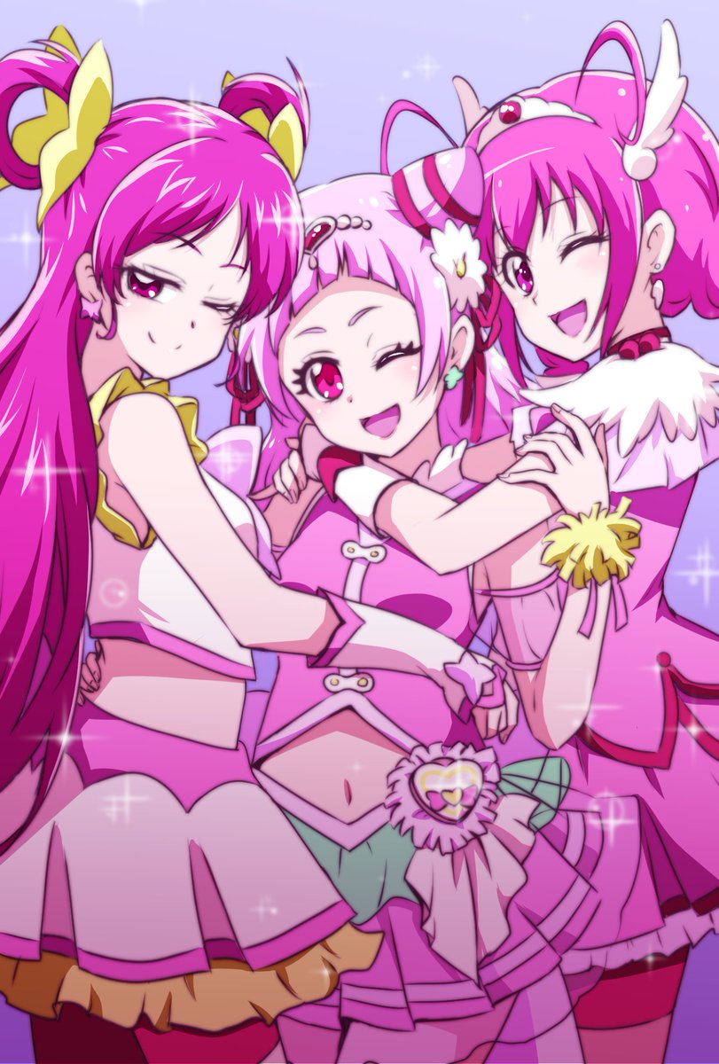 cure happy ,hoshizora miyuki ,yumehara nozomi one eye closed multiple girls pink hair 3girls color connection cone hair bun long hair  illustration images