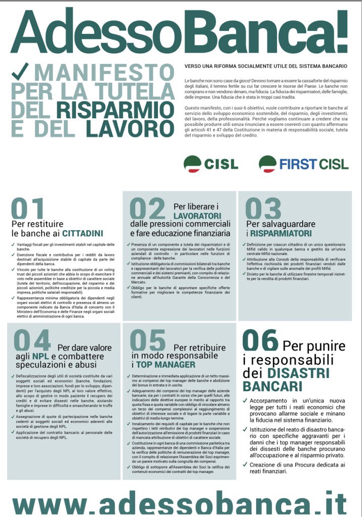 BentivogliMarco's tweet photo. Per un sistema bancario più sano per la tutela del risparmio e del lavoro ho firmato:  #adessobanca
 il manifesto della @FirstCisl 

https://t.co/gFGy1cs97m https://t.co/RtqhEVXwN3