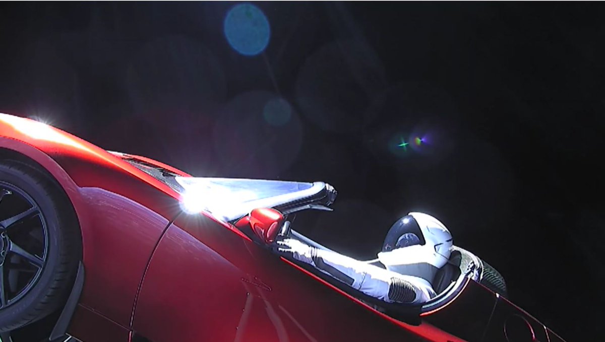 NewstalkFM's tweet photo. #SpaceX founder Elon Musk's supercar is heading further out into the solar system than originally planned: https://t.co/cW1snFhpME #FalconHeavy #CentreCore #Starman https://t.co/xLwdRhvpZn