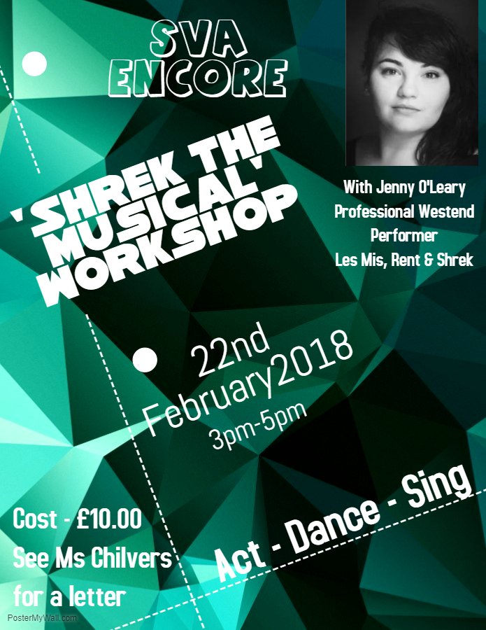 Still a couple of spaces for the SVA Encore workshop. Top west end professional will deliver a 2 hours session in musical theatre £10.00.  See Ms Chilvers