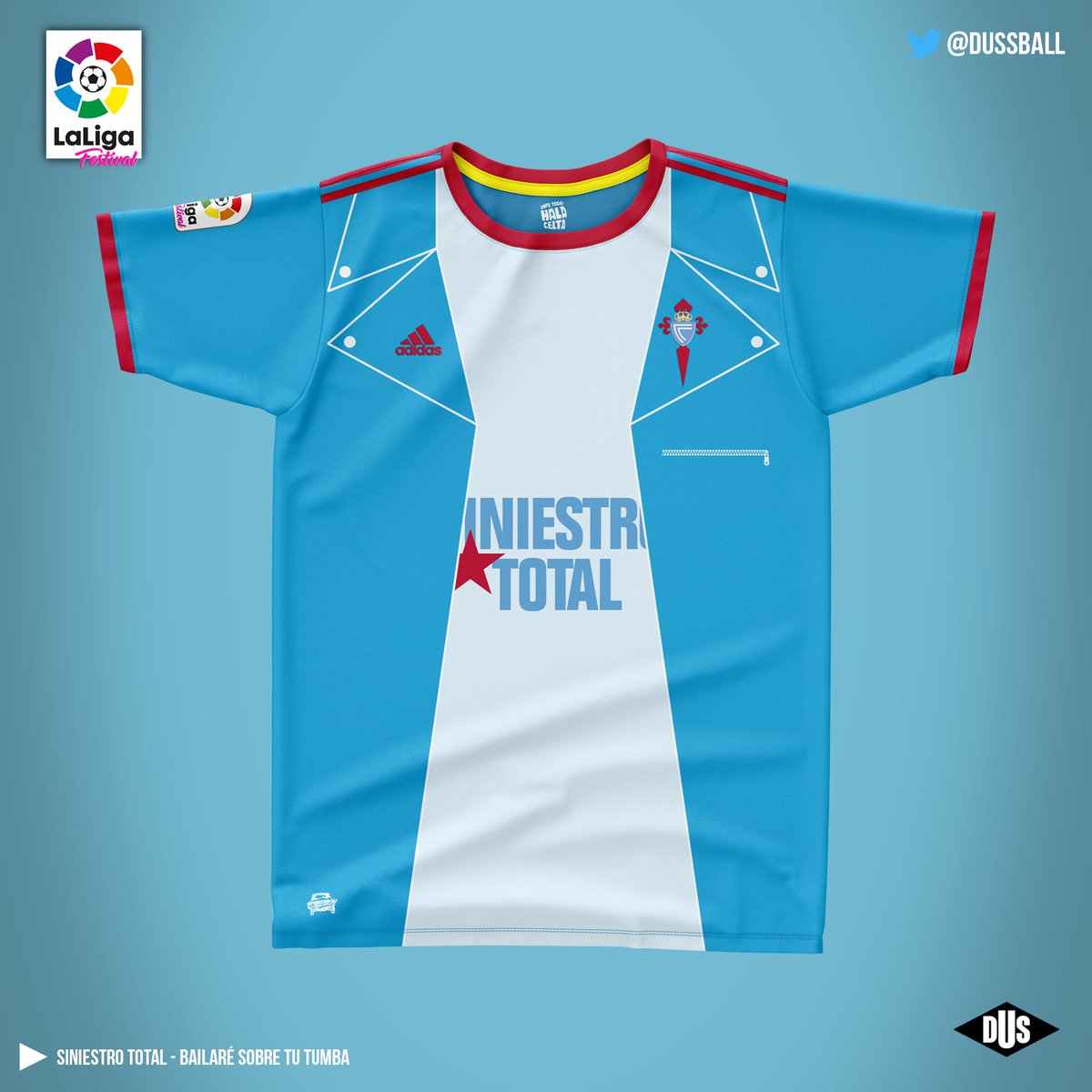 Dussball's tweet photo. CELTA x SINIESTRO TOTAL | No podía faltar la mitiquísima banda viguesa para representar al Celta. La camiseta se inspira en la estética punk, imitando una chupa de cuero con camiseta del grupo por debajo. Contiene además varias referencias a su iconografía. https://t.co/QQSBJUDuk9