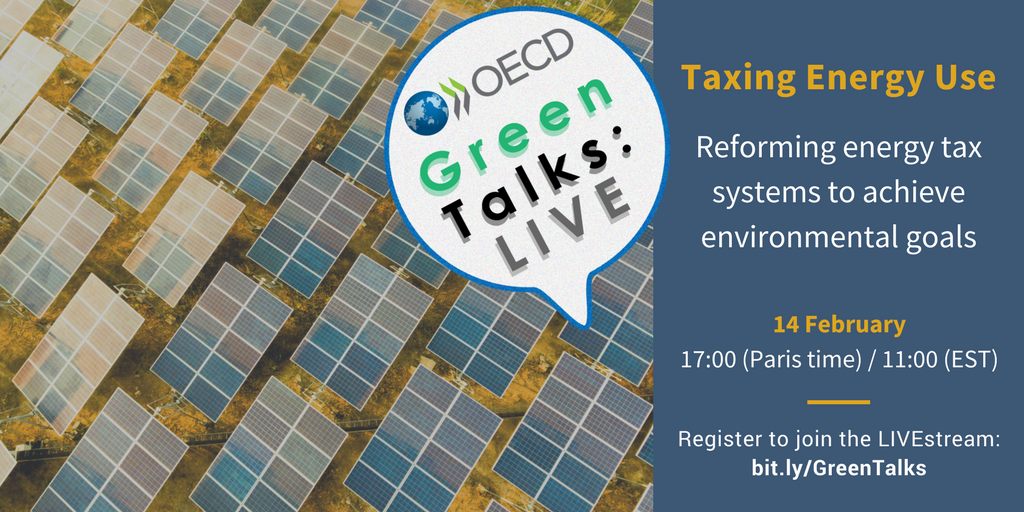 OECD_ENV's tweet photo. Emissions from #energy use cause environmental &amp; health damages and contribute to #climatechange. OECD #GreenTalks LIVE webinar will discuss how taxes on energy use can reduce excessive emissions.  

🕔 14 February 5pm (CET) / 11 am (EST)
➡ Register: https://t.co/8epsVbF3GD https://t.co/Yx1KdpAT3c