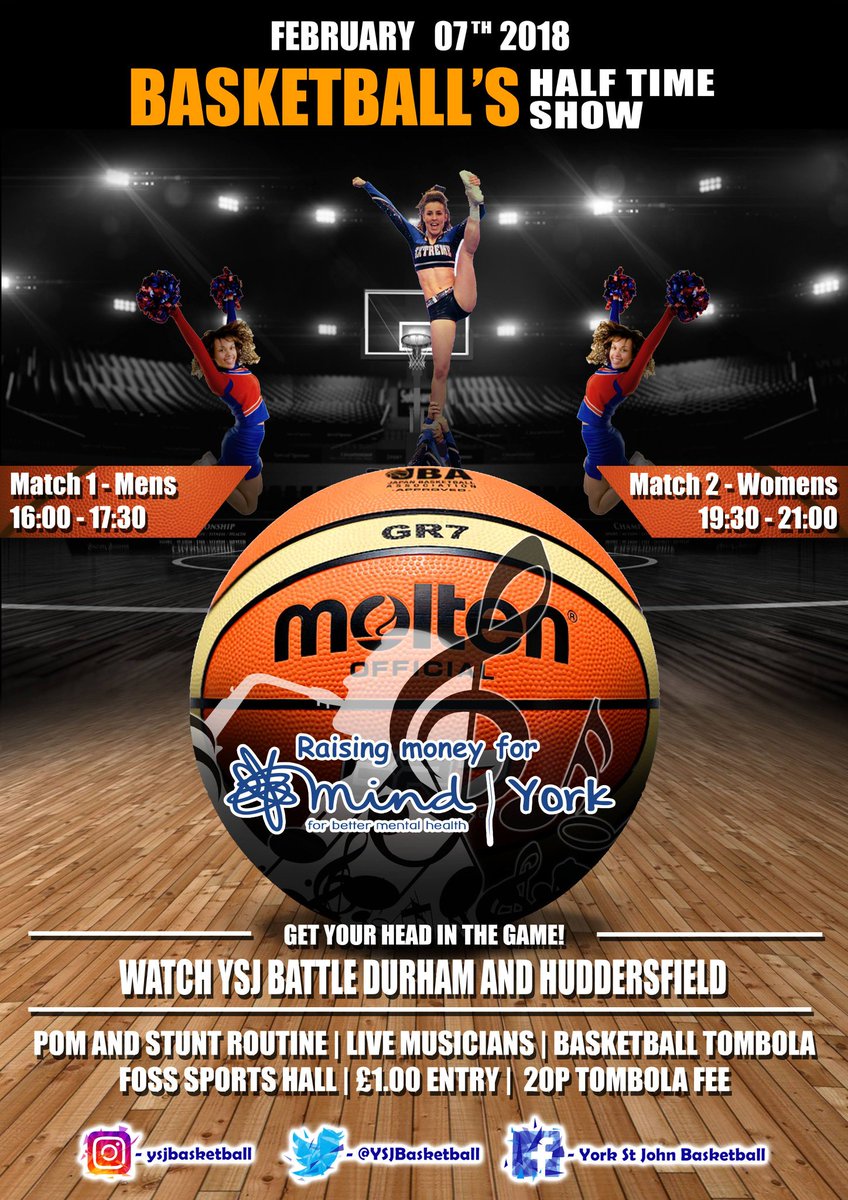 YSJBasketball's tweet photo. Today is the day get down to foss sports hall for a sport and music packed day at 16:00. There's prizes up for grab including a free dinner at @GoldenFleeceYK and all the money raised goes to @TheYorkMind.
@YSJSandA #YSJPride https://t.co/u4CAVlDTGd