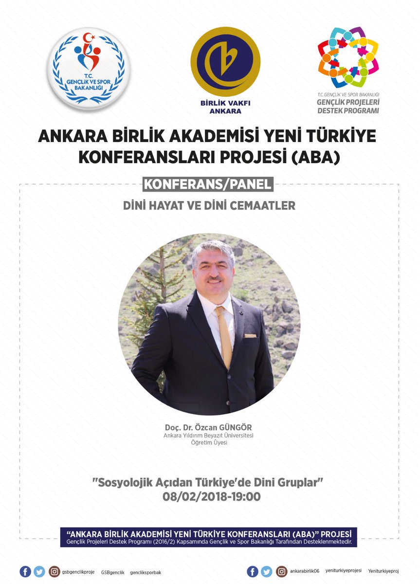 gsb_eak's tweet photo. "Ankara Birlik Akademisi Yeni Türkiye Konferansları" projesi kapsamında "Dini Hayat ve Dini Cemaatler" konulu konferansa davetlisiniz. #Gençlerİçin

📆 8 Şubat Perşembe
🕔 19:00
📍Hamamönü/Ankara https://t.co/4k38ir9uf4