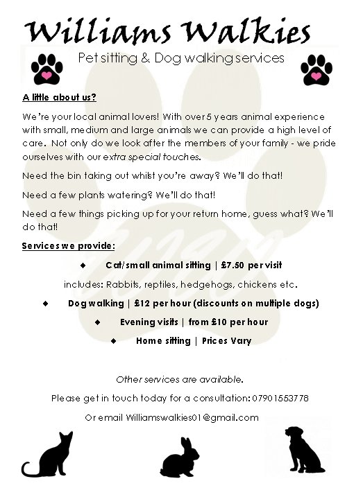 WilliamsWalkies's tweet photo. #RT #walkies #dogs #cats #businessflyer #htlmp #wirralbiz #supportsmall #wirralbusiness #chester #wirral #cheshire #localbusiness #animallover #pets #pet #dog #cat #dogwalker #doggydaycare https://t.co/XmI2O0d4Ah
