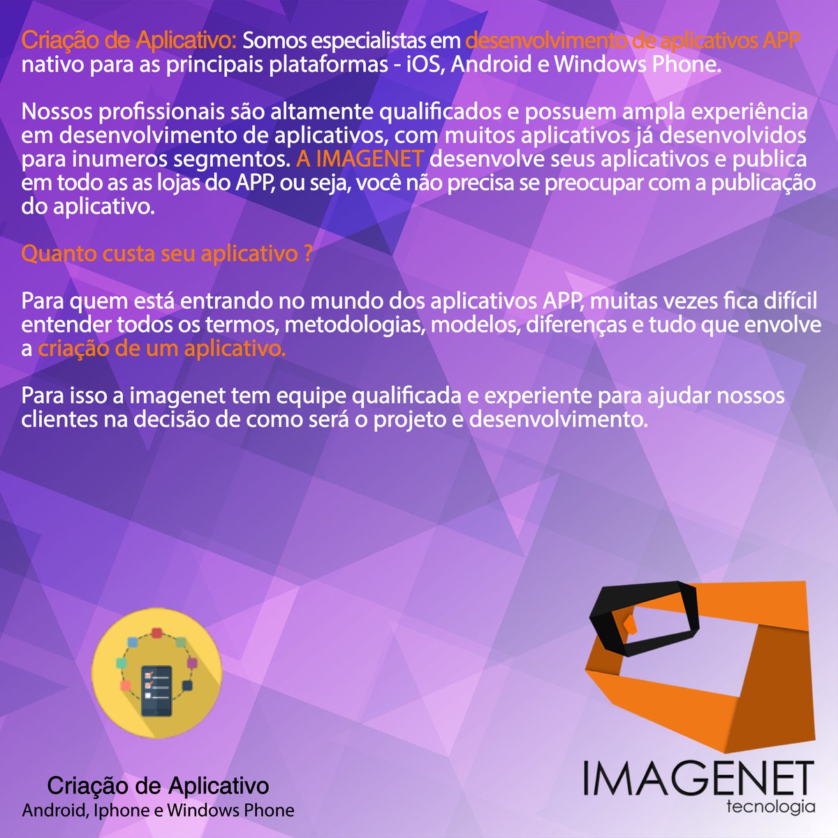 imagenet_tec's tweet photo. A Imagenet tem uma equipe qualificada e experiente para ajudar nossos clientes na decisão de como será o projeto e desenvolvimento do seu próprio app.

#imagenet #piracicaba #solucoespara #oseunegocio #tecnologia #smartphone #tablet #mobile #geek #nerd #web #criacaoapp #app https://t.co/DGAaS5xwqi