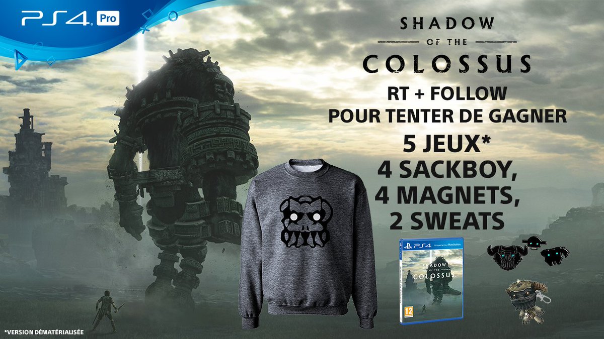 PlayStationFR's tweet photo. 🎁 Concours Shadow of the Colossus !
RT + FOLLOW pour tenter de gagner :
• 5 jeux #ShadowOfTheColossus
• 4 Sackboy collectors
• 4 sets de magnets
• 2 sweats
🍀 Bonne chance !
TAS le 14/02, règlement 👉 https://t.co/Y1sBqA0zTL https://t.co/xeYHPqUG3x