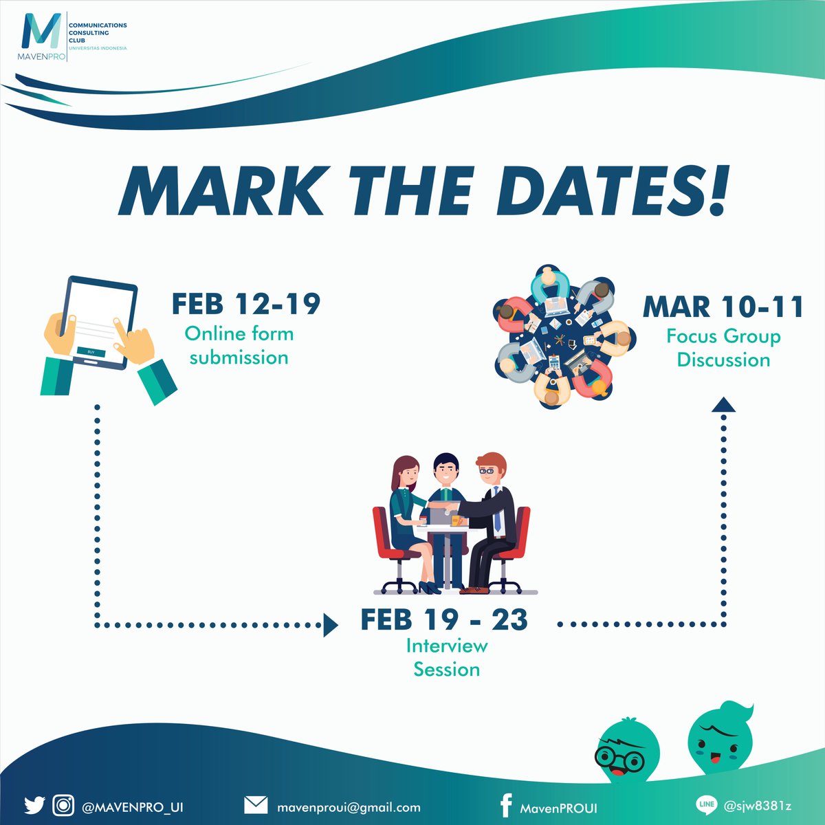 MavenPRO_UI's tweet photo. Still remember we make a call for you? Hope you'll pick it up and we'd love to hear your stories and passion in Public Relation consultancy world! Now, here are important dates you might want to circle.

We'll catch up soon, Mavens! 

#MavenPRO
#ServeInStyle https://t.co/K3ixOcBtCb