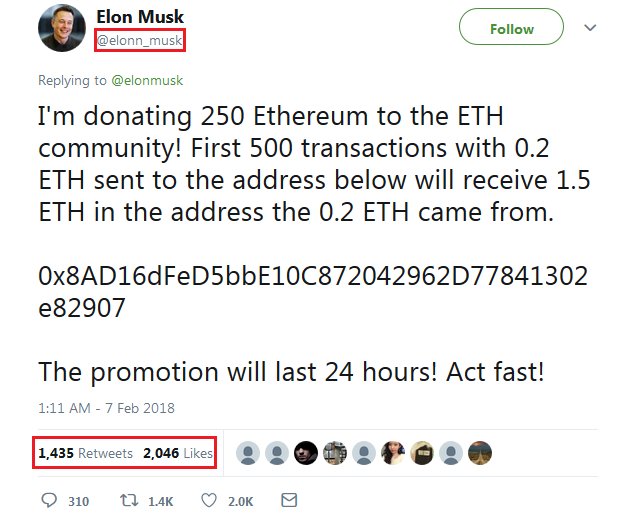 malwrhunterteam's tweet image. How to make $2k very easily in 2018?
1. Create a fake account of a &quot;big name&quot; on Twitter.
2. Tweet under his tweets, saying you will donate X money to people if they first send you a smaller amount.
Unbelievable...
🤦‍♂️🤦‍♂️🤦‍♂️
😫
More examples: