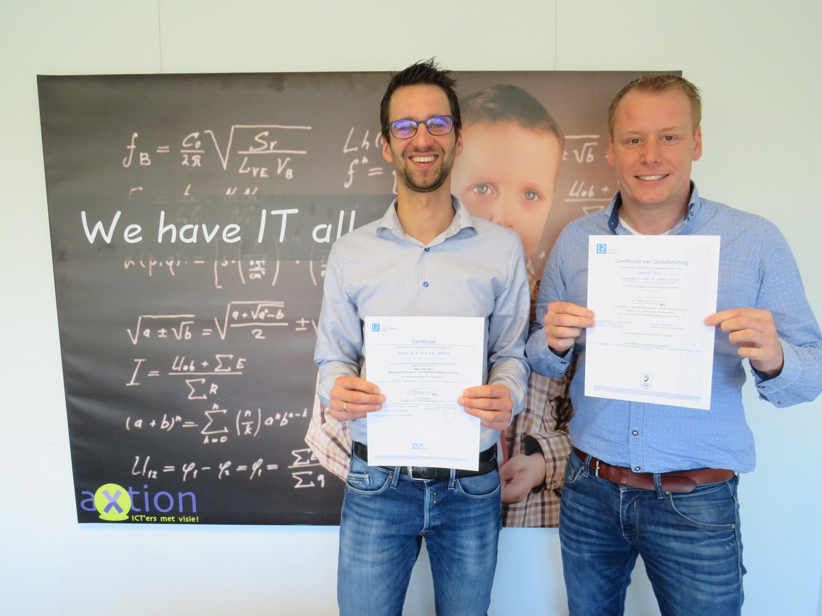 aXtionBV's tweet photo. Met TROTS heeft aXtion zijn ISO 27001 en NEN 7510 certificaten in ontvangst genomen. Een bekroning van onze veilig manier van werken. #avg #ICT https://t.co/syNle5cPmn https://t.co/nsbW1Wto6u