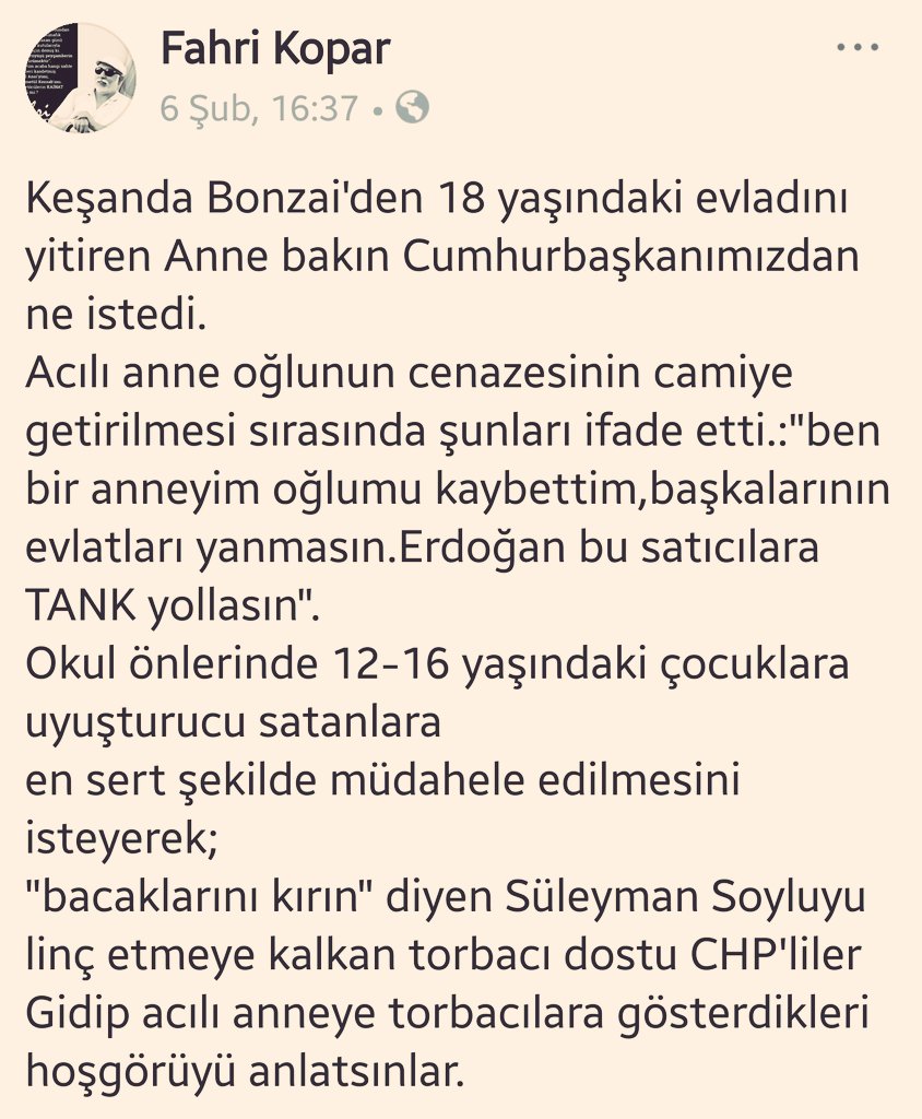 Süleyman Soylu'yu lince kalkan CHP'liler gitsinler, oğlunu bonzaiden kaybeden acılı anneye; torbacıya gösterdikleri hoşgörüyü anlatsınlar.