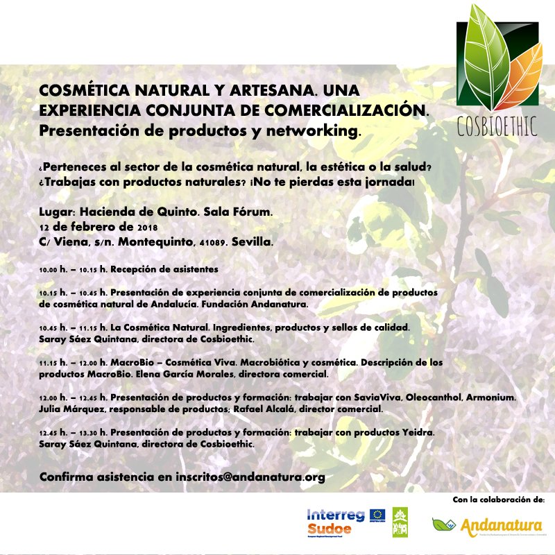 andanatura's tweet photo. Si trabajas en cosmética natural, estética o salud naturales, no te pierdas la jornada “Cosmética natural y artesana, una experiencia conjunta de comercialización. Presentación de productos y networking”. 12 de febrero, a las 10, Hacienda de Quinto (Montequinto, Sevilla). https://t.co/HCsQVTkAVl