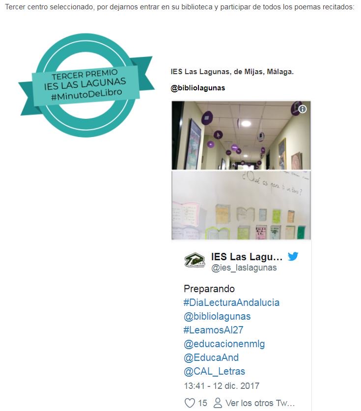 ies_laslagunas's tweet photo. Estamos de enhorabuena. 3er. premio #MinutodeLibro @bibliolagunas . Gracias @EducaAnd @CAL_Letras. @educacionenmlg @RedBECREA #Generación27. Muy contenta toda la Comunidad Educativa https://t.co/Caza4I5anW