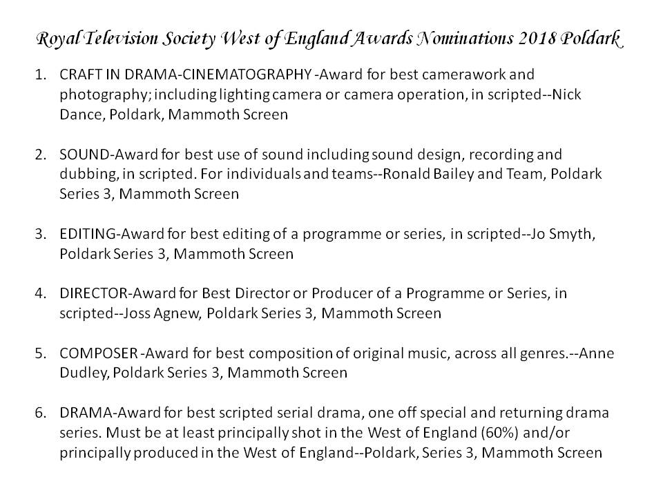 poldarkandother's tweet photo. Congratulations to #Poldark #NickDance #RonaldBaileyandTeam #JoSmyth @JossAgnew @annedudleymusic @mammothscreen for your nominations for #RTSWestofEnglandAwards2018 https://t.co/wwUVGy5NYN https://t.co/DxD2WCL0p6