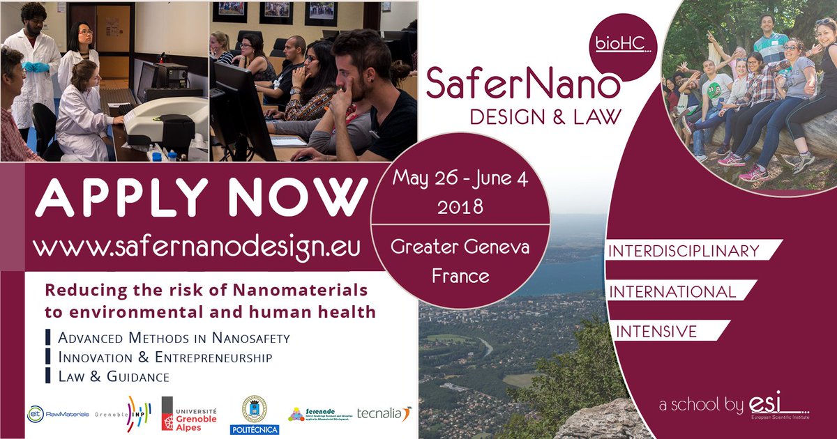 ESIArchamps's tweet photo. APPLY NOW to SaferNano Design &amp; Law #health #nanomaterials #law
A school by ESI Archamps #BioHealthcomputing Summer Schools 2018 https://t.co/JG4GAcZUhY https://t.co/PF0UQR4dzA