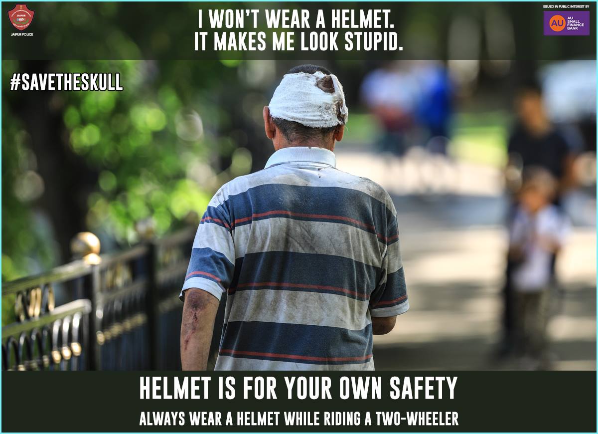jaipur_police's tweet photo. Wearing a #helmet reduces the risk of serious headinjury by 85%. #Helmets should be worn during every ride, no matter how short, by both driver and pillion rider.
#SaveTheSkull #AlwaysWearHelmet #JaipurPolice #helmetsaves [We do not own any rights on the image in the creative] https://t.co/jyDFqF5Ule