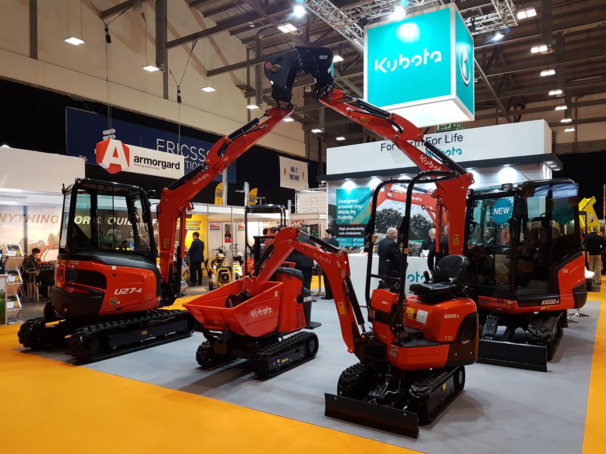 KubotaUK's tweet photo. We’re all set up and ready on stand A35 for the first day of @ExecHireShow!  Visit us to see a selection of Kubota mini-excavators including the powerful KX030-4, our newest model, part of the next generation of Kubota construction machinery #EHS2018 https://t.co/0f3EJQCKDT