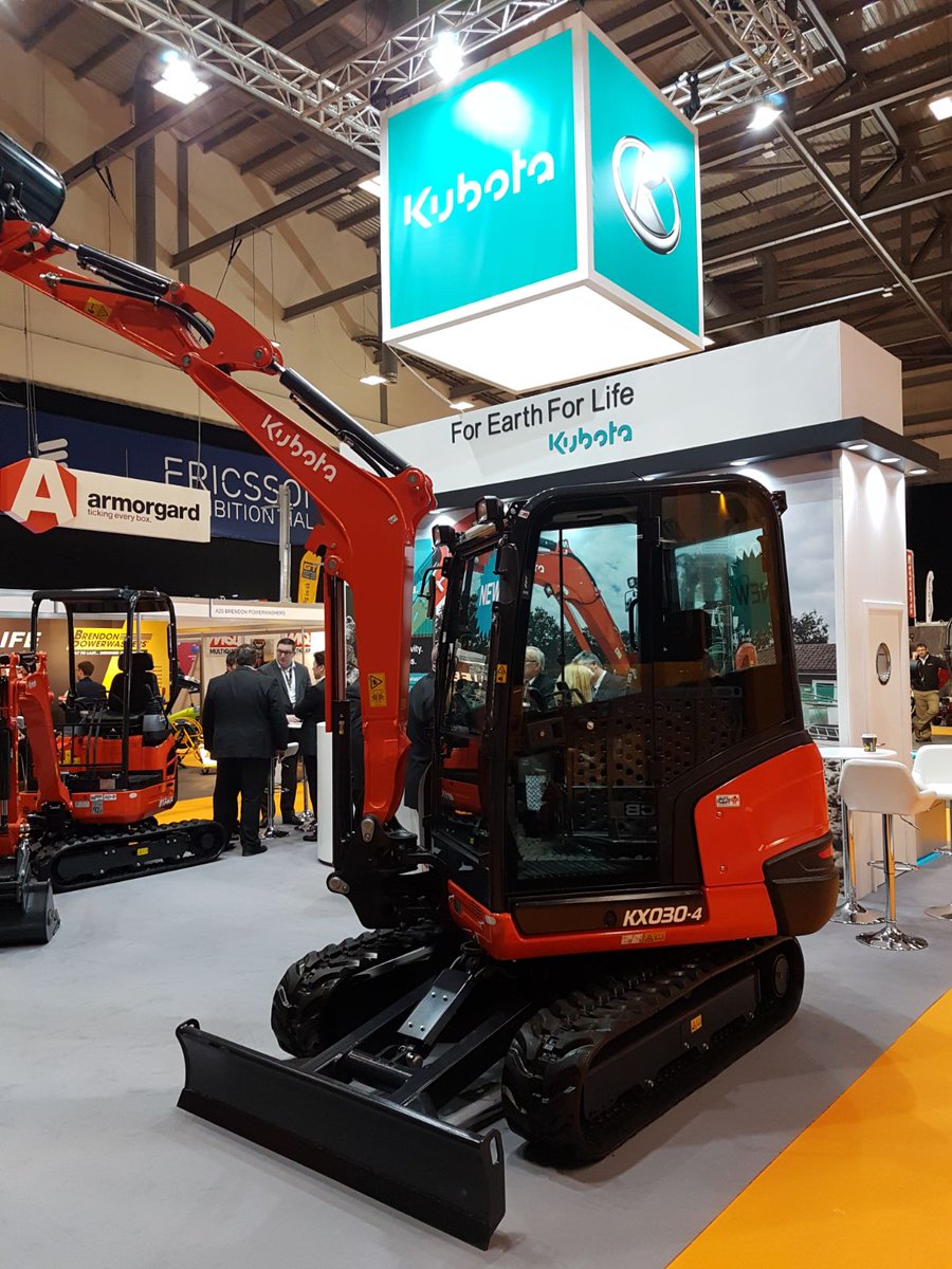 KubotaUK's tweet photo. We’re all set up and ready on stand A35 for the first day of @ExecHireShow!  Visit us to see a selection of Kubota mini-excavators including the powerful KX030-4, our newest model, part of the next generation of Kubota construction machinery #EHS2018 https://t.co/0f3EJQCKDT