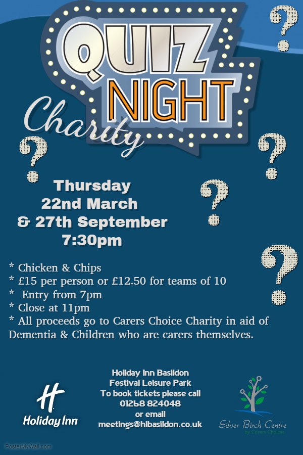 Come along to our first charity quiz night of the year on 22nd March at 7.30pm in aid of <a href="/carerschoices/">Carers Choices</a> #quiz #charity #dementiacare #dementia #holidayinn #eventprofs #events Call 01268 824048 or email meetings@hibasildon.co.uk to book your space now.