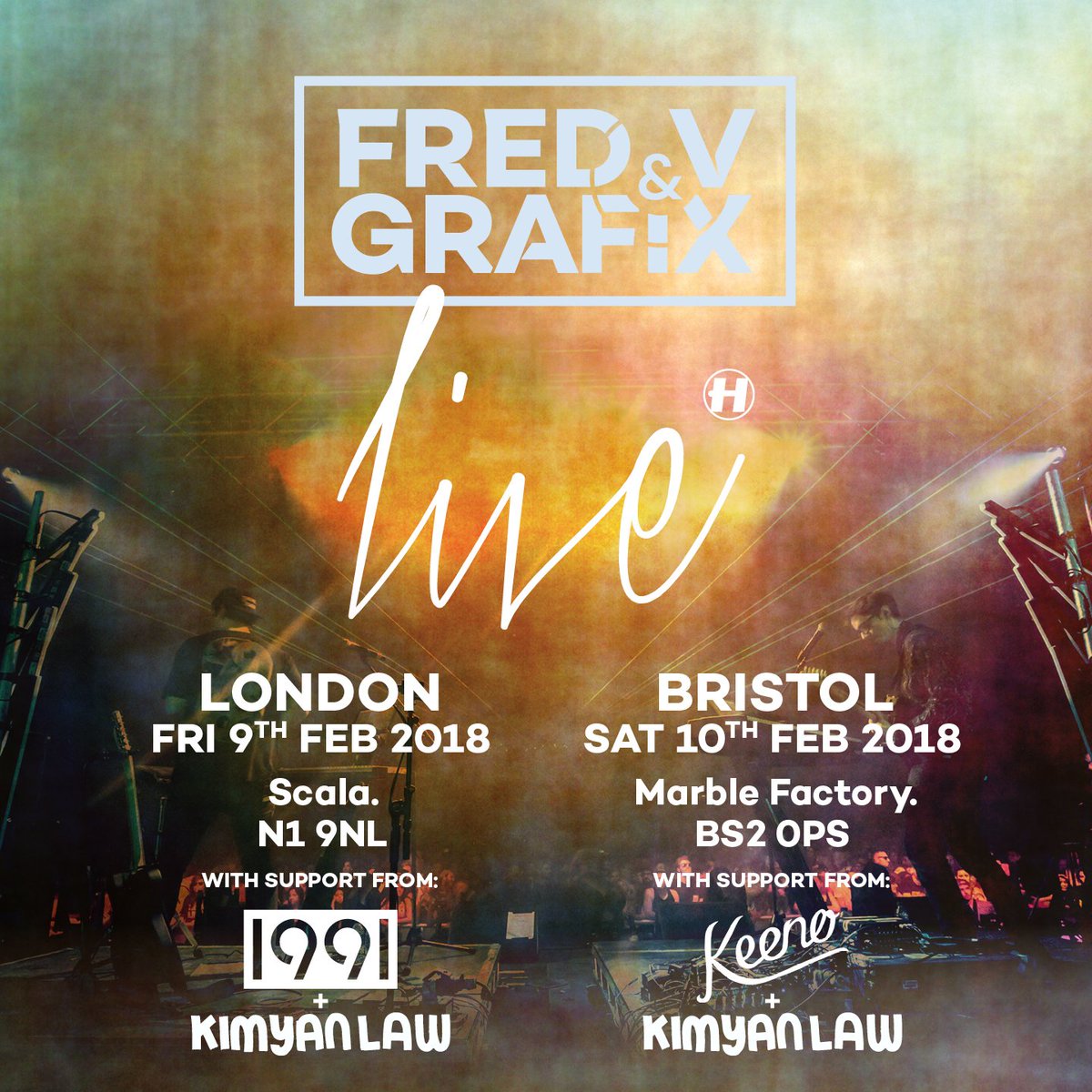 This weekend, @fredvgrafix sill be bringing their incredible live show to @ScalaLondon on Friday and @MarbleFactoryUK in Bristol on Saturday. With support from @1991_Music, @KimyanLaw & @keenodnb, the time to get your tickets in is now! Only a few left! fredvandgrafix.com/live/