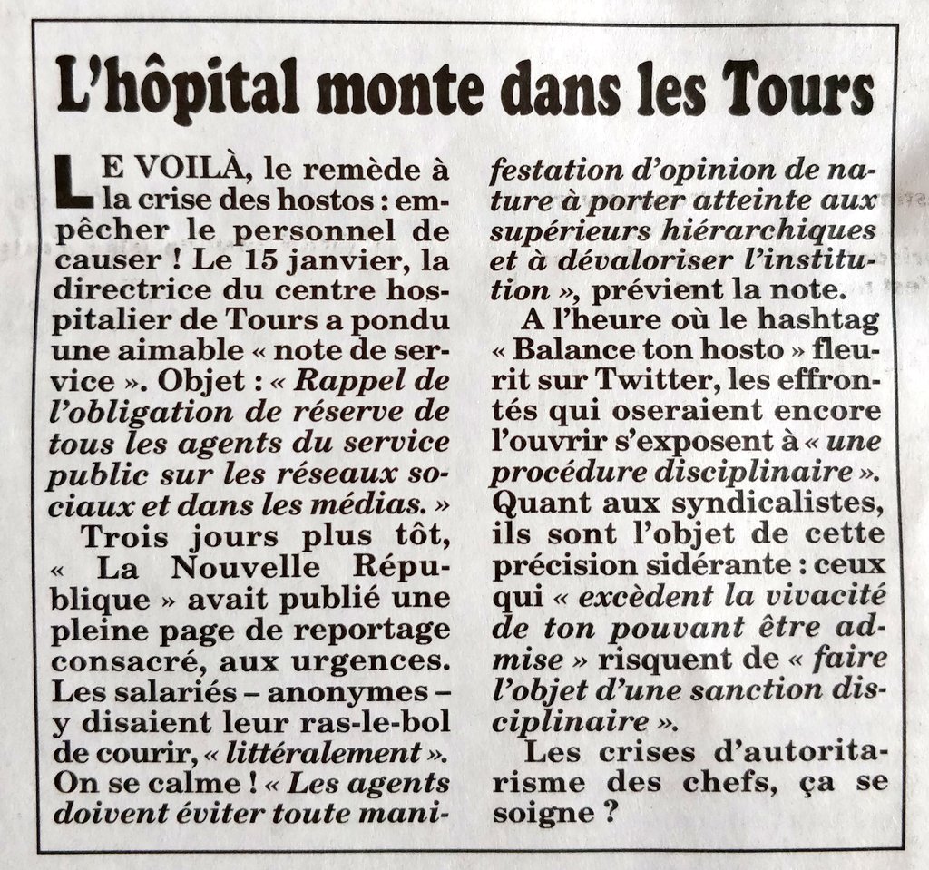 Brevesdepresse's tweet photo. ⚡🇫🇷INFO - Crise dans les hôpitaux: à #Tours, le personnel est prié de se taire, sinon, c'est la sanction disciplinaire ! (Canard Enchaîné) #BalanceTonHosto https://t.co/jQtin0Kxz2