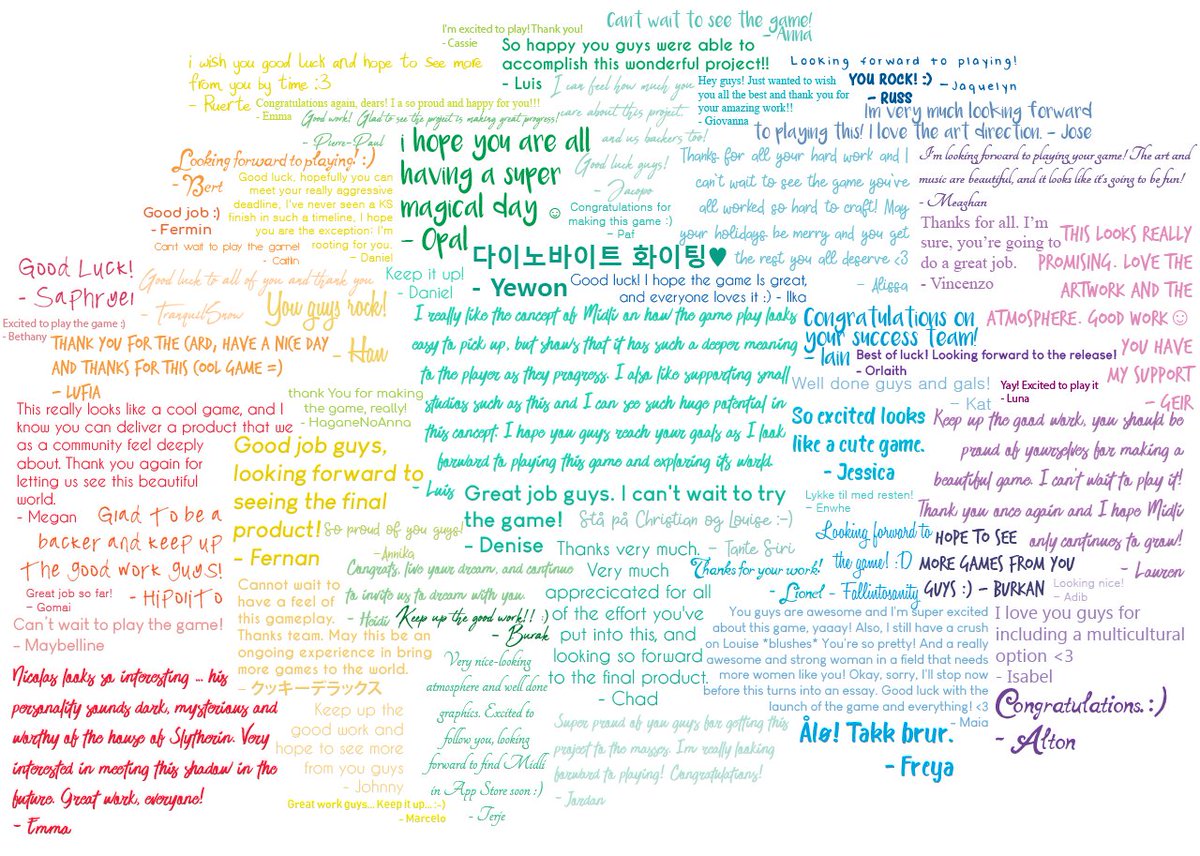 StarryHollowG's tweet photo. Feeling a bit of a midweek slump, but we keep this collage of your comments up on our wall to keep us motivated! We love seeing all the encouraging stuff you've said about #Midli and it makes us even more excited to finish and get the game to you all!! #gamedev #indiegamedev https://t.co/ns4wOL76r5