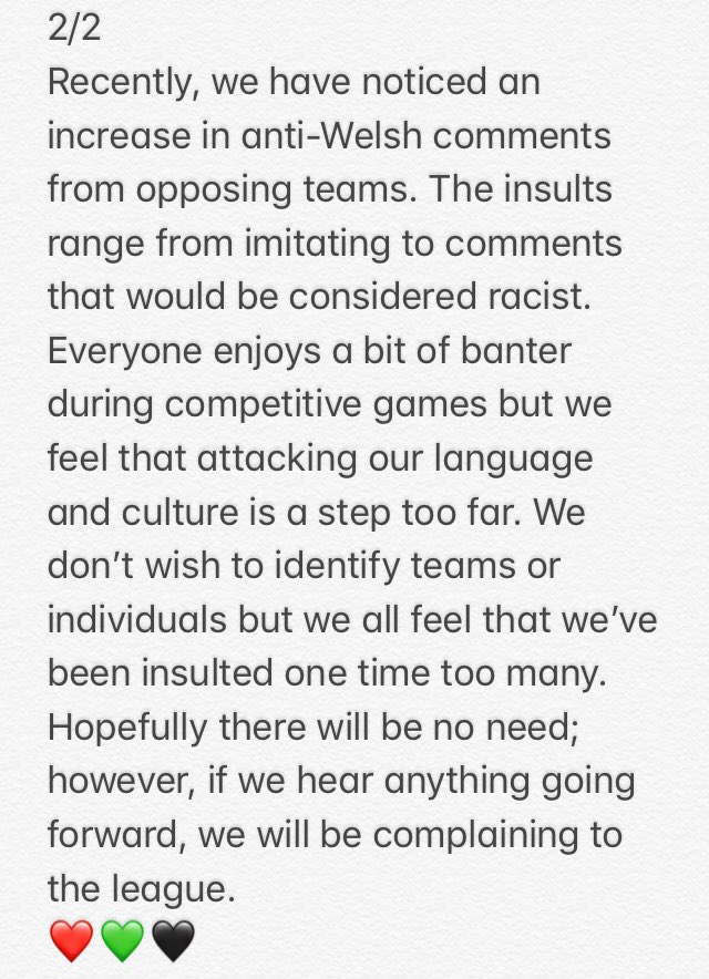 HociCymric's tweet photo. Message from the @HociCymric  Committee: Have thought long and hard about posting this message. Really hoping we won’t have to take matters further ❤️💚🖤 https://t.co/efsAr74OQI