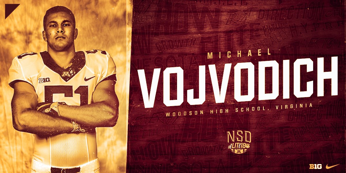 GopherFootball's tweet photo. The #eLITe18 class welcomes @mikevojvodich from near our nation's capital in Annandale! #SkiUMah #RTB https://t.co/xbO3AhgpyV