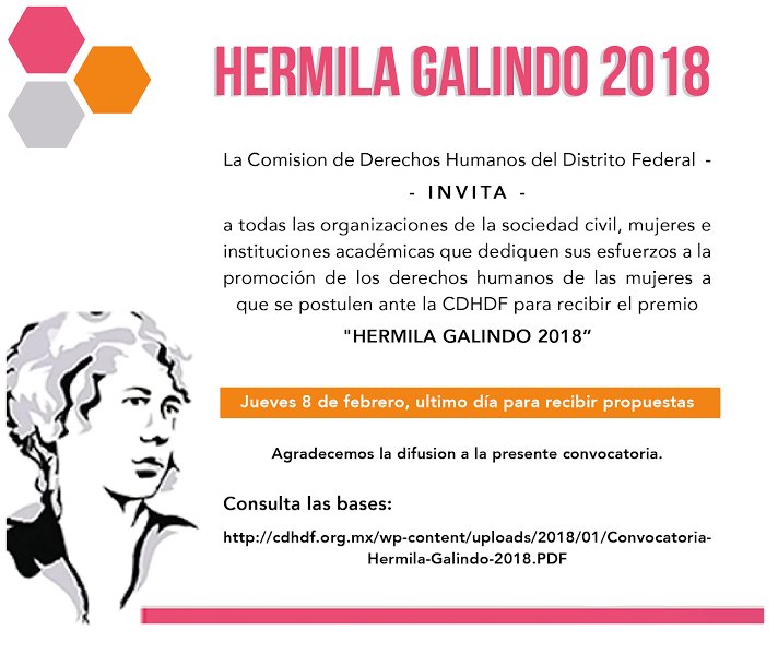 CDHCMX's tweet photo. El 8 de febrero concluye el registro de propuestas para el Reconocimiento Hermila Galindo 2018 que otorga la CDHDF a quienes se han distinguido por promover los #DDHH de las mujeres y niñas. ¡Participa! Revisa las bases en: https://t.co/G4Z7FMKxzU https://t.co/q1S8Fjf8VD