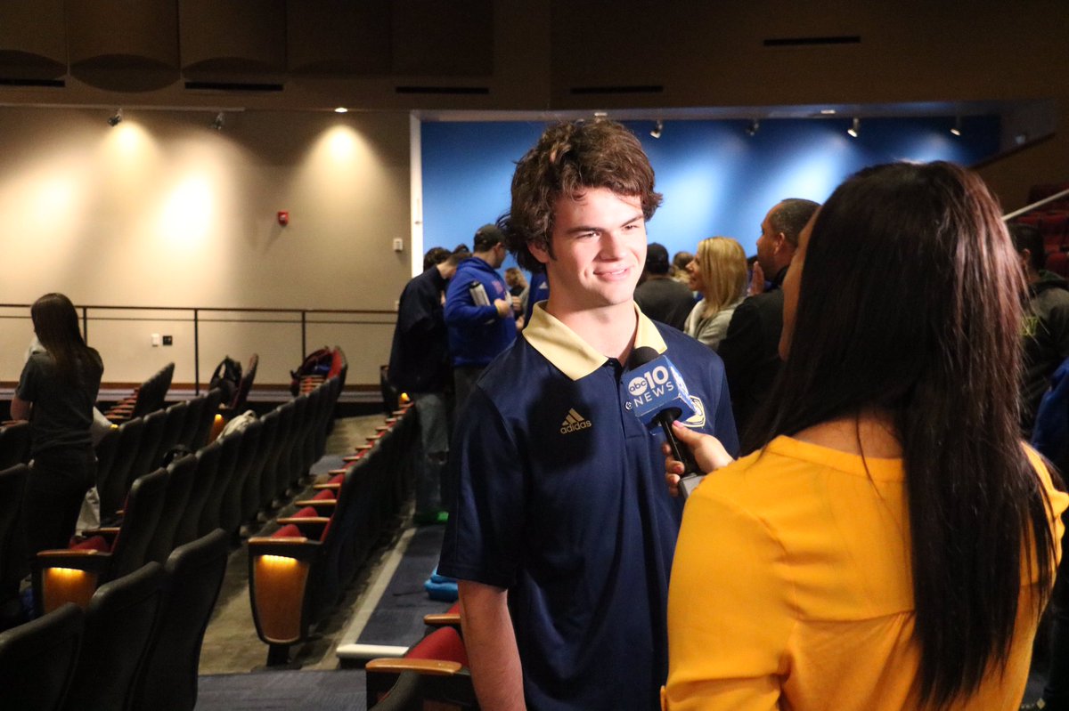 KBFTsports's tweet photo. The CB single season passing TD and yards record holder interviewing with ABC 10 after signing with UC Davis @CoachHawkinsUCD @GF_6Gun https://t.co/646xUfny2z