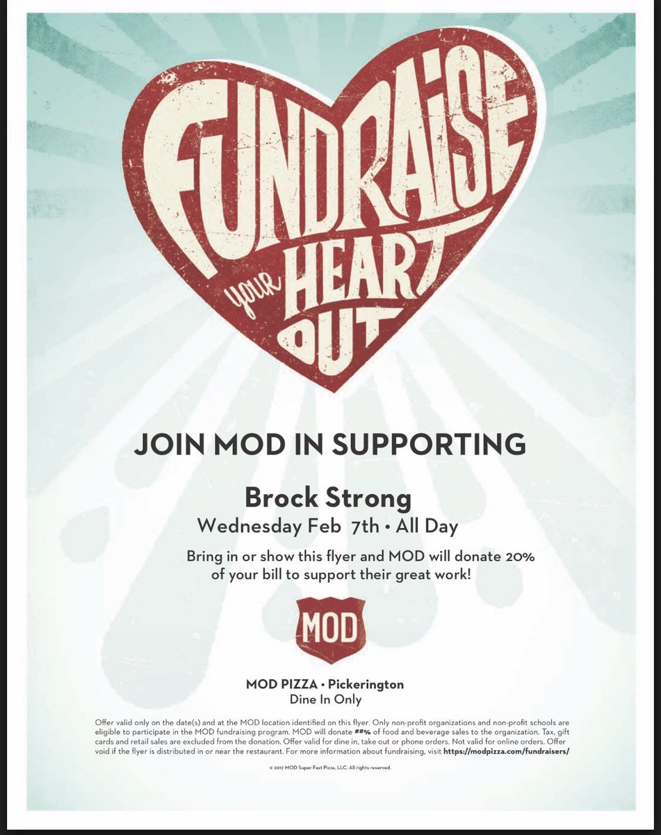 KristiJ24's tweet photo. Get to Mod Pizza in Pickerington today!  Show this flier and support the BrockStrong Foundation!  Eat and carry out counts. Online orders DO NOT count! 💚💚 https://t.co/WySihroFUH